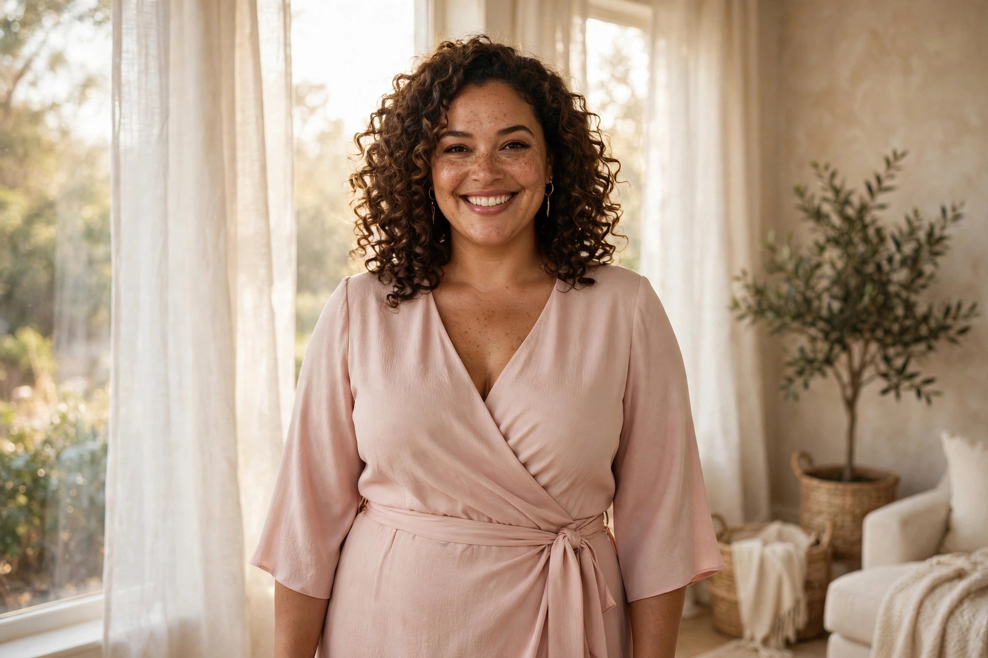 Confident plus-size woman in elegant blush wrap dress