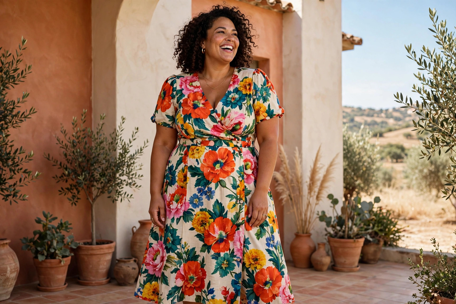 Confident plus-size woman in a bold floral midi dress in a cream and warm terracotta editorial setting