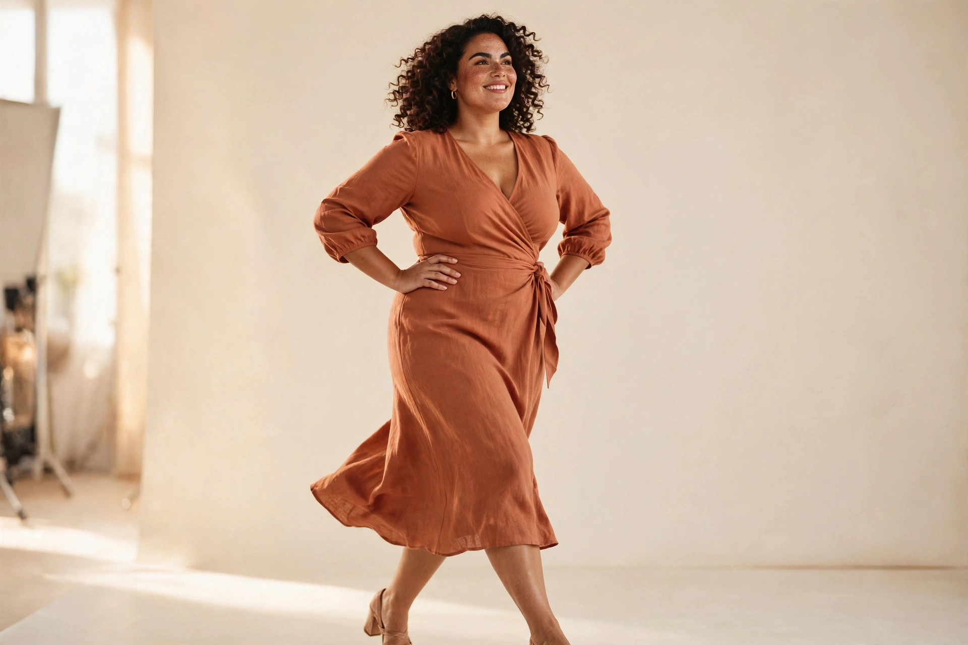 Plus-size woman in a terracotta wrap dress walking confidently in a bright studio