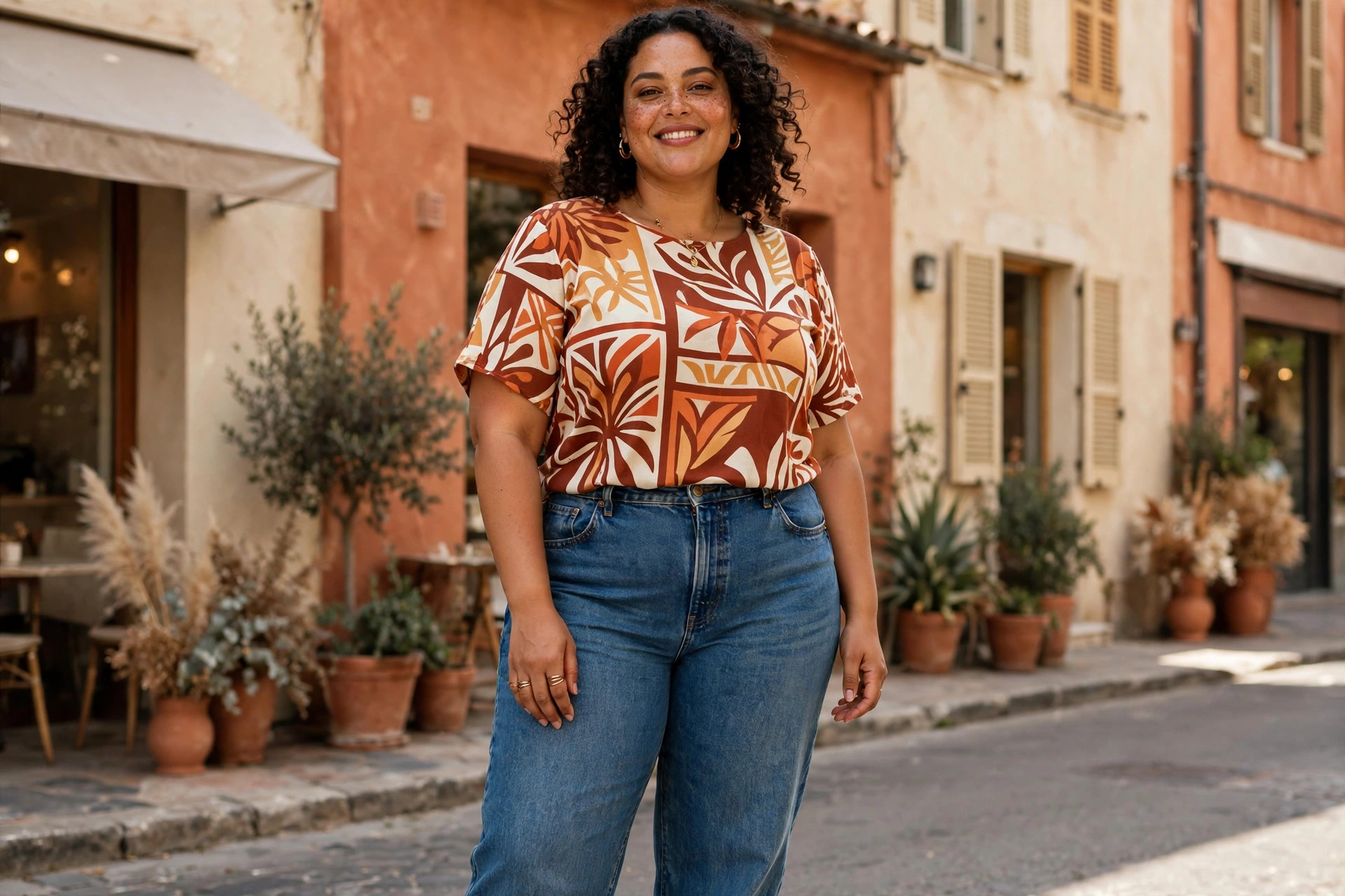 Plus-size woman in denim jeans and a bold print top, street style, cream and terracotta tones