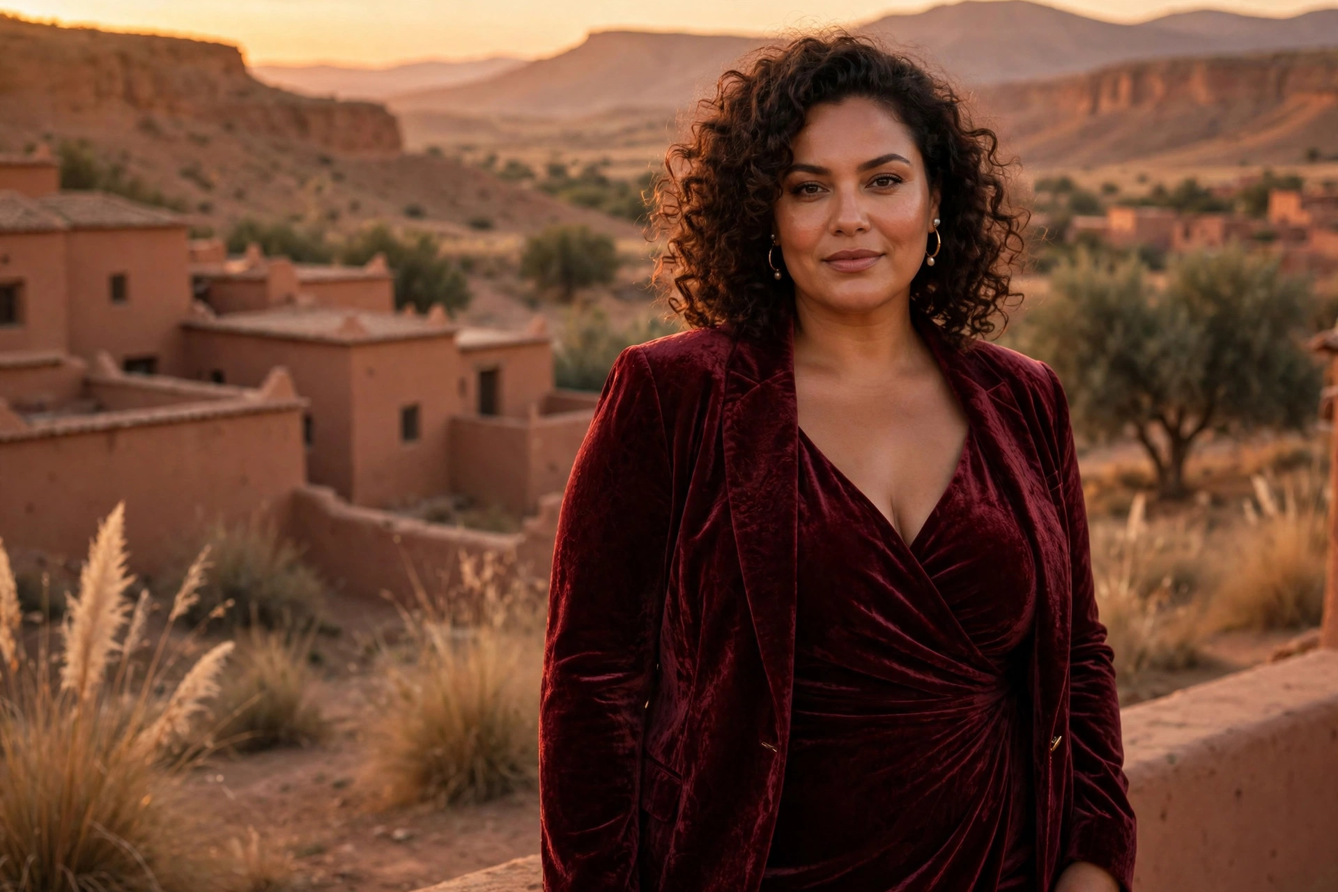 Confident plus-size woman in a burgundy velvet evening look in a warm terracotta-toned setting