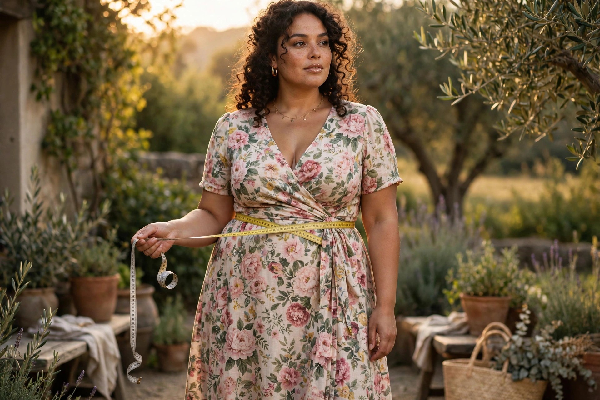 Plus-size woman in a floral midi dress holding a tape measure loosely at her waist