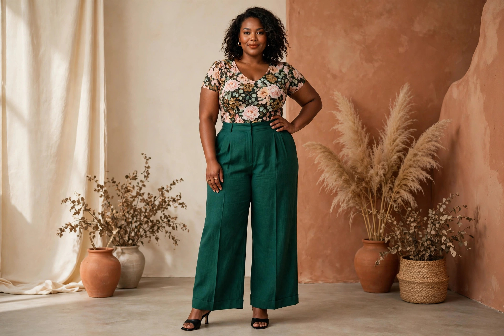 Confident plus-size woman in emerald wide-leg pants and a fitted floral top, cream studio background