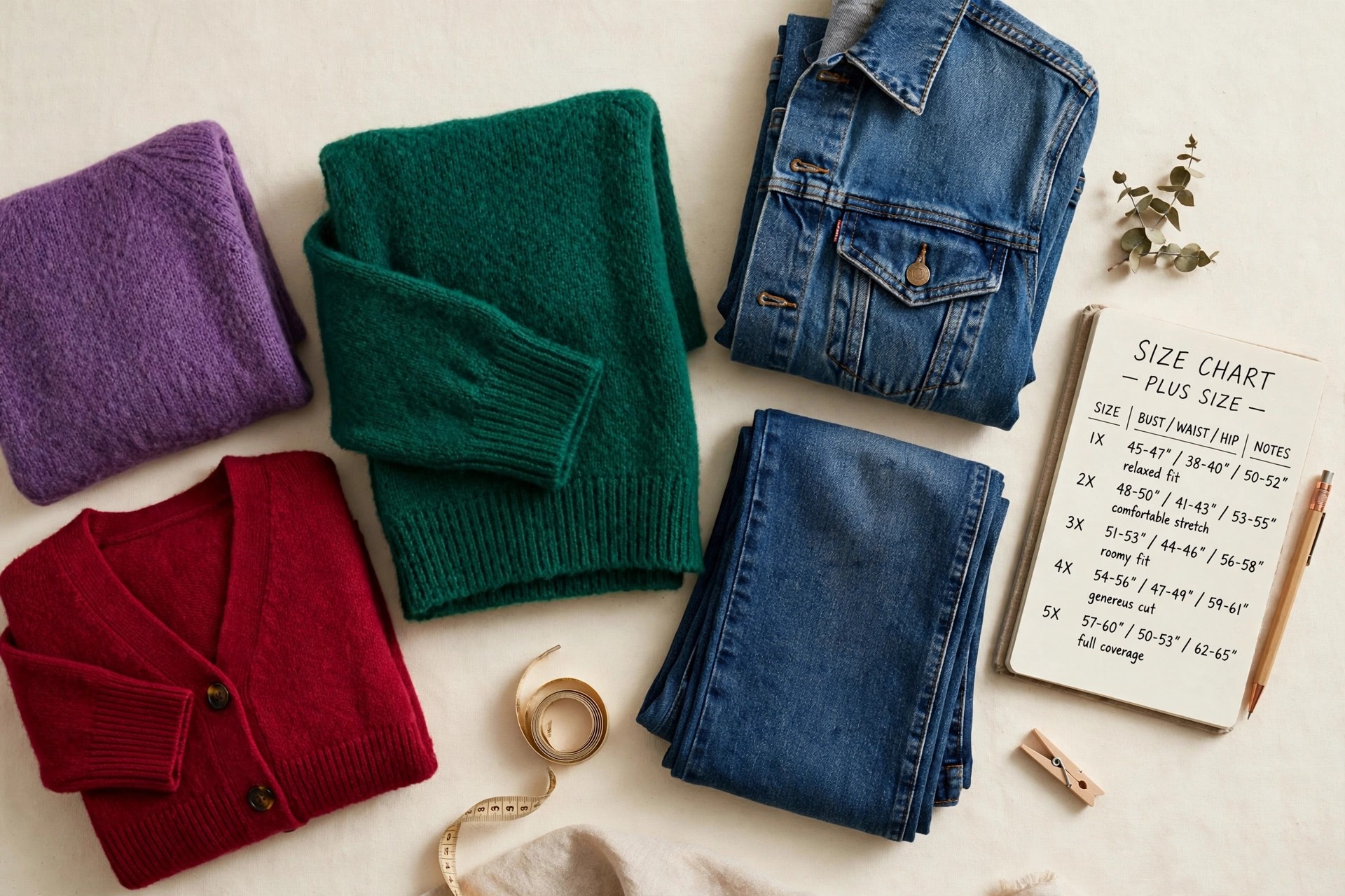 Flat-lay of folded plus-size garments in jewel tones and denim with a size chart notebook beside them