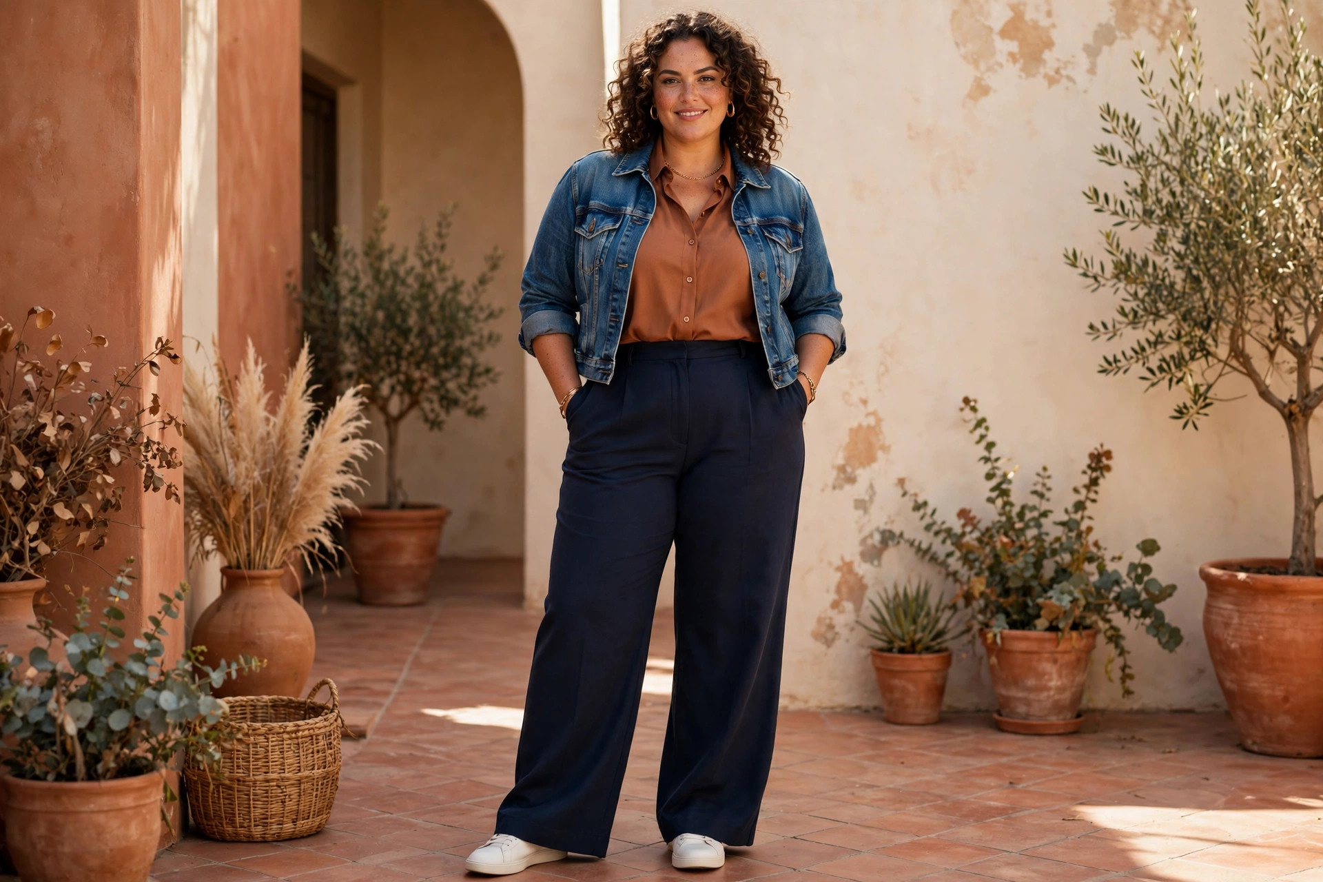 Plus-size woman styling navy wide-leg trousers with a tucked-in rust blouse and short denim jacket