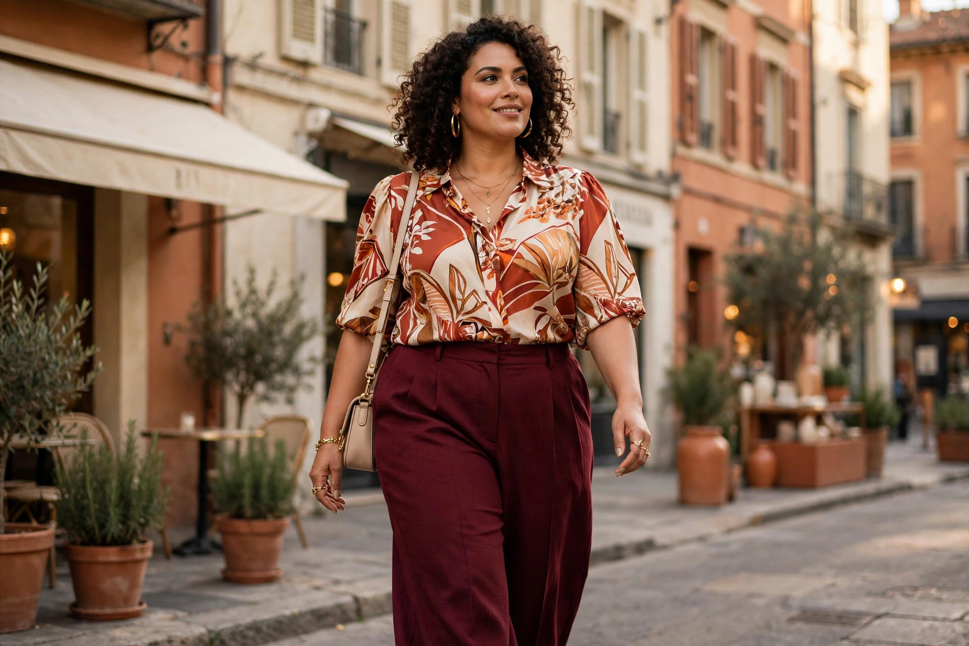 Plus-size woman in burgundy wide-leg pants and a bold print blouse walking confidently on a city street