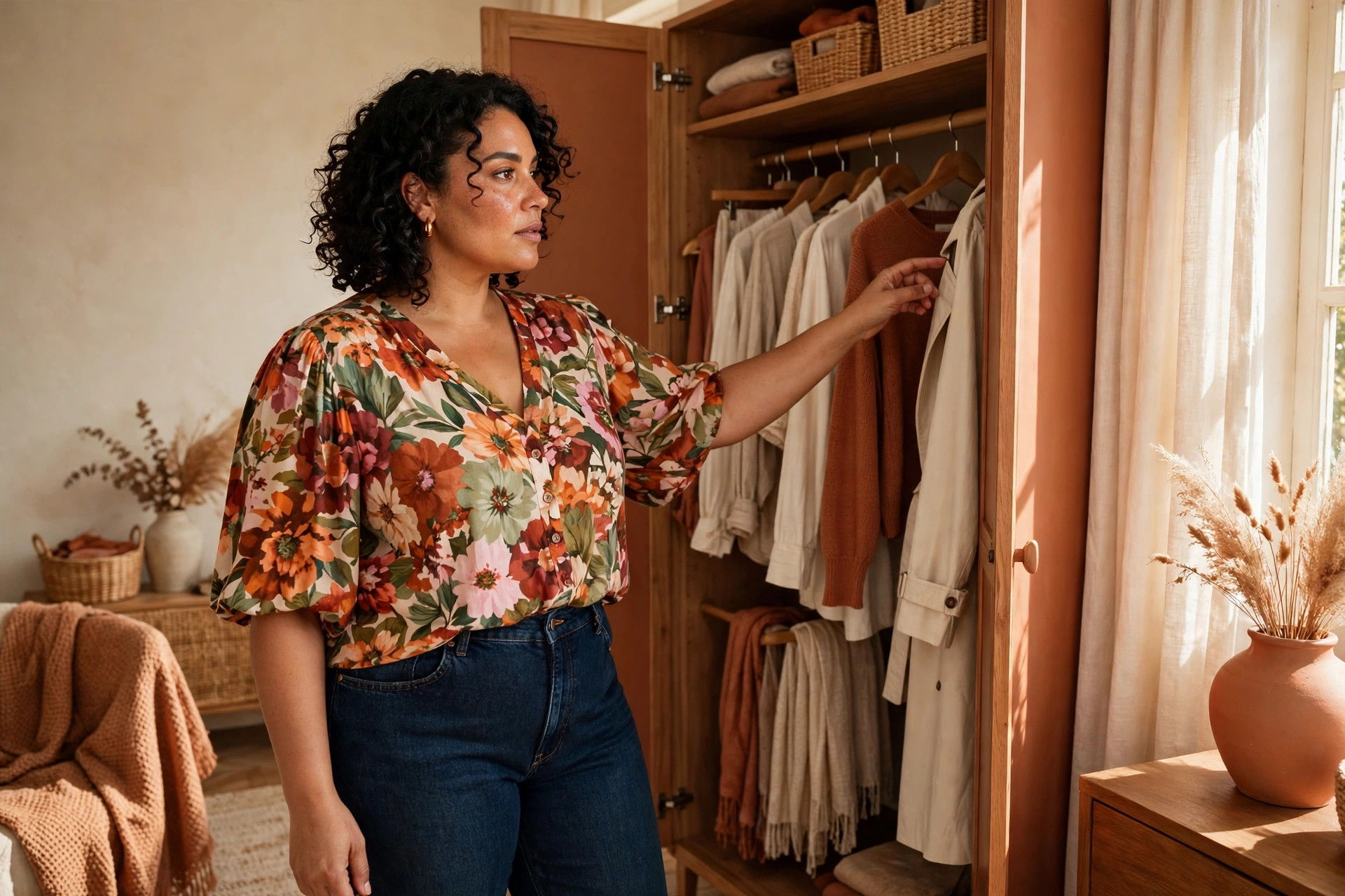 Plus-size woman in denim and a bold floral blouse choosing an outfit from her wardrobe