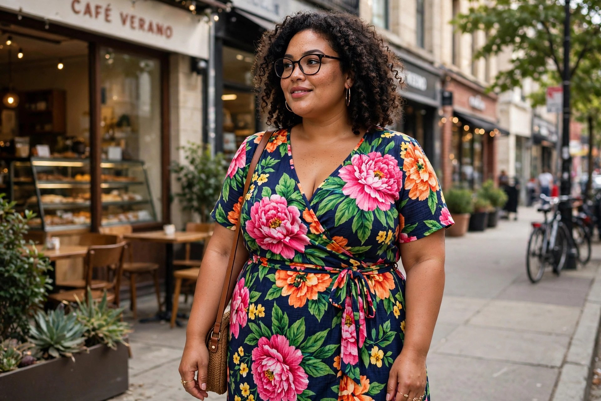 Plus-size model in a bold floral wrap dress in daytime street style