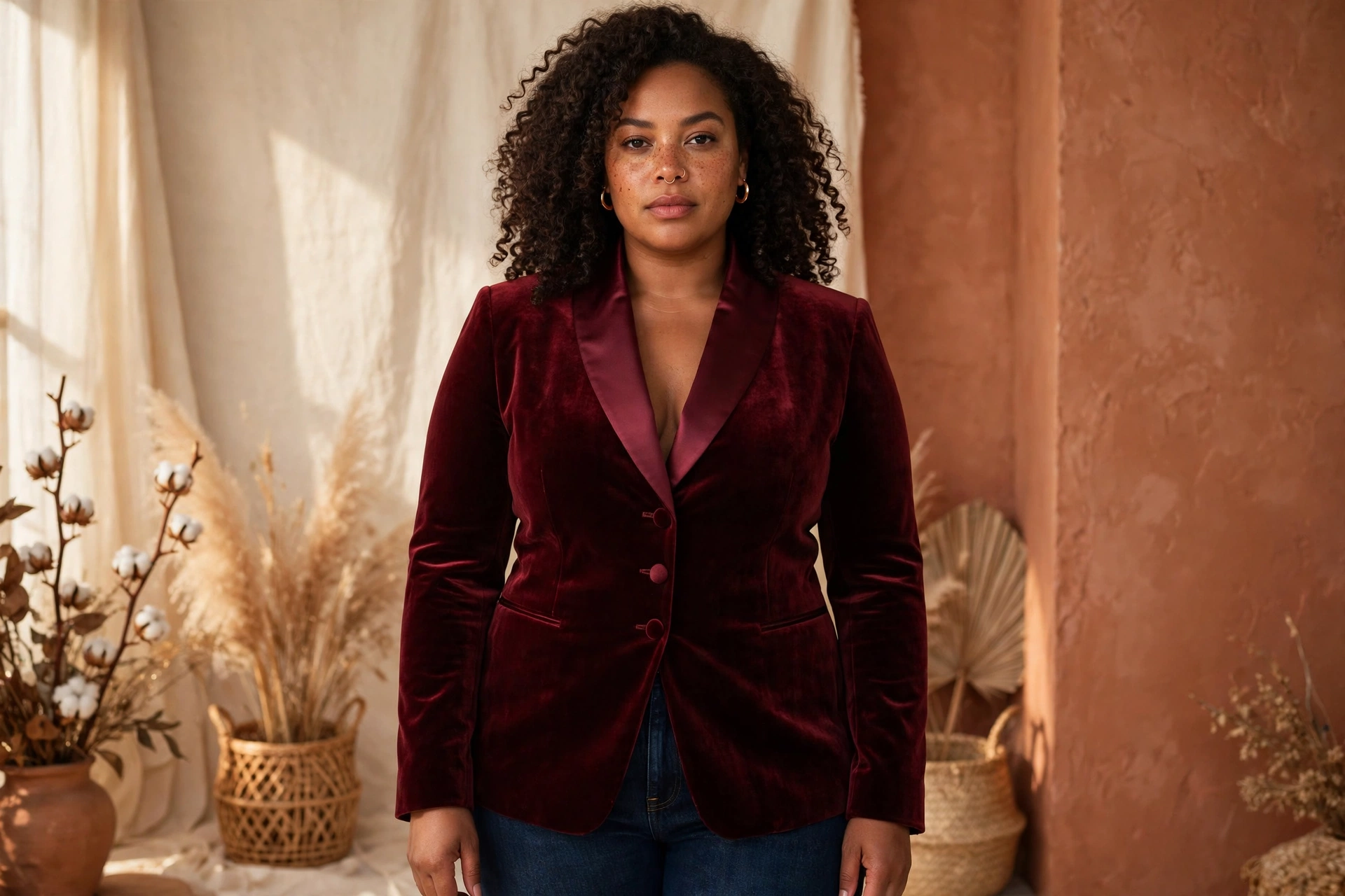 Plus-size woman in a burgundy velvet blazer worn closed with dark denim