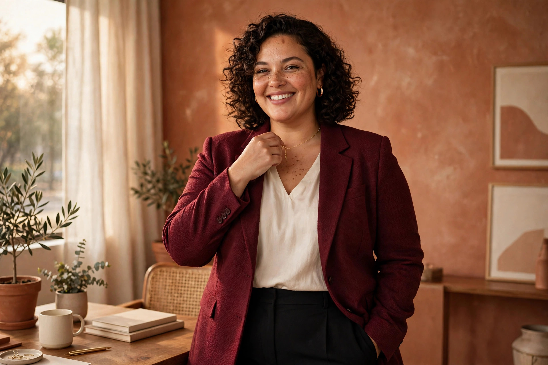 Plus-size woman in a burgundy blazer adjusting a gold necklace, ready for the day
