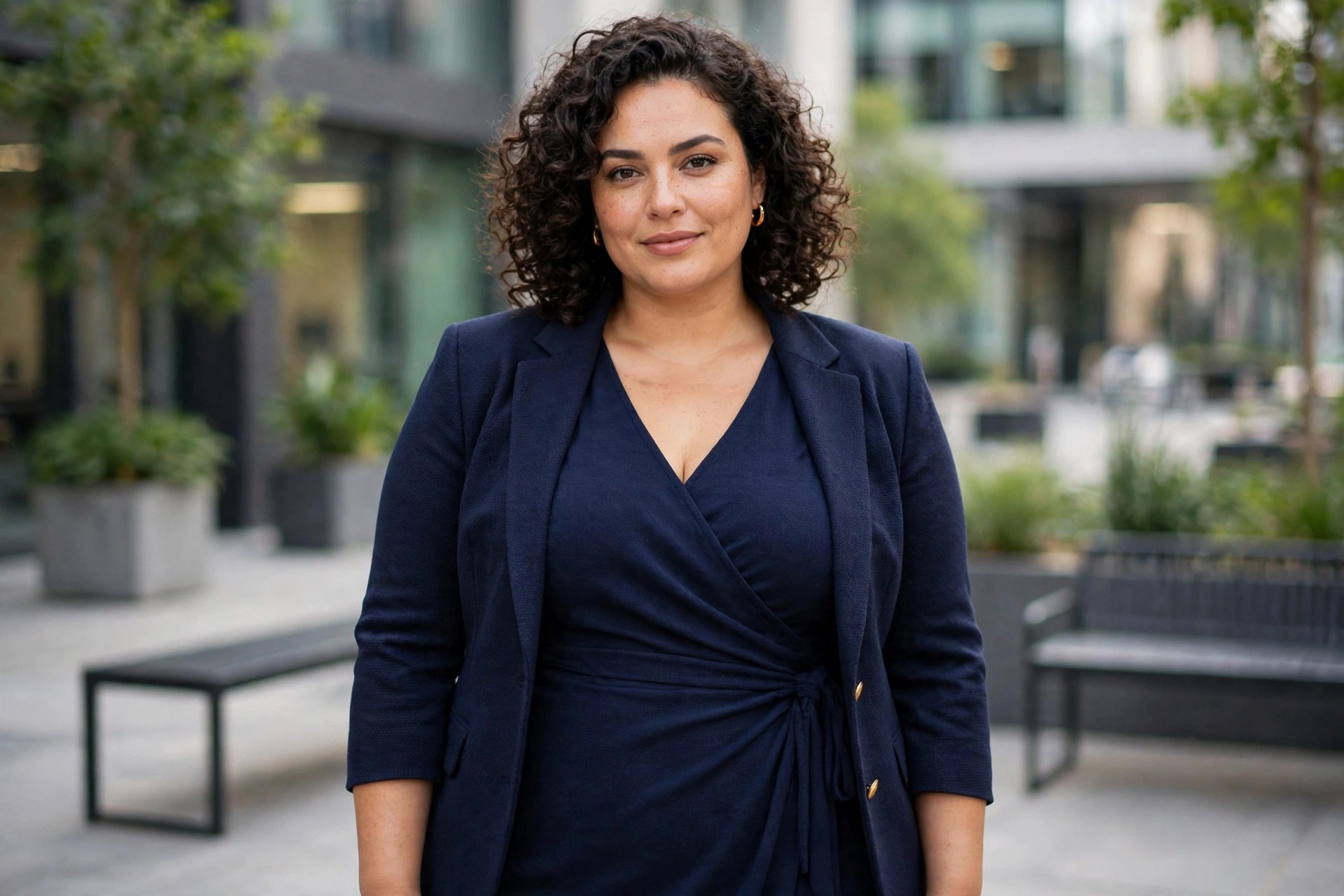Plus-size model in a navy wrap dress styled for work with a blazer