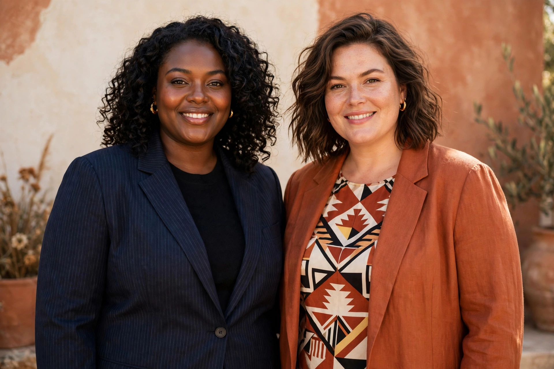 Two plus-size women wearing pinstripe and rust-orange blazers in different cuts