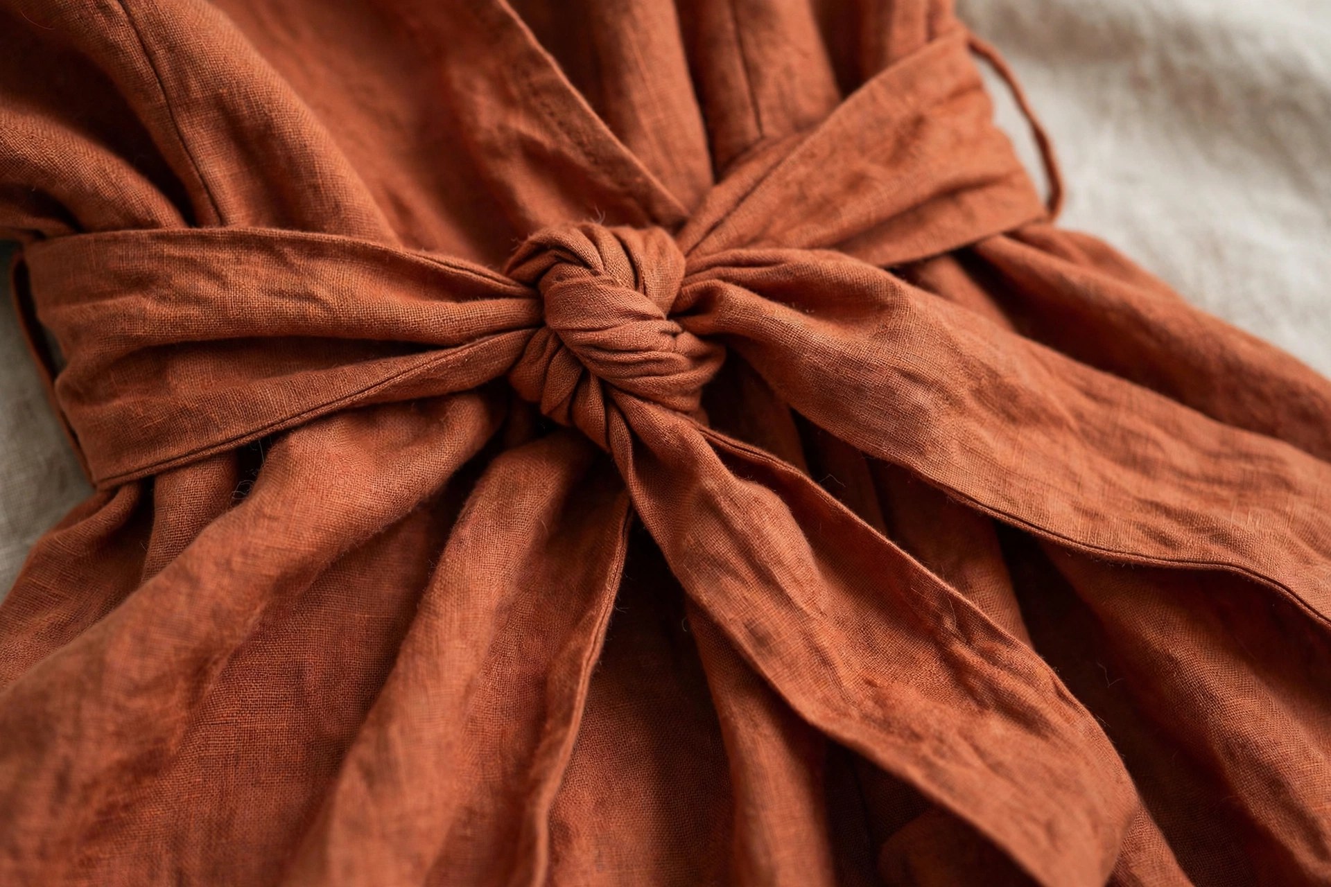 Close detail of a wrap dress waist tie and fabric drape in rust and terracotta tones