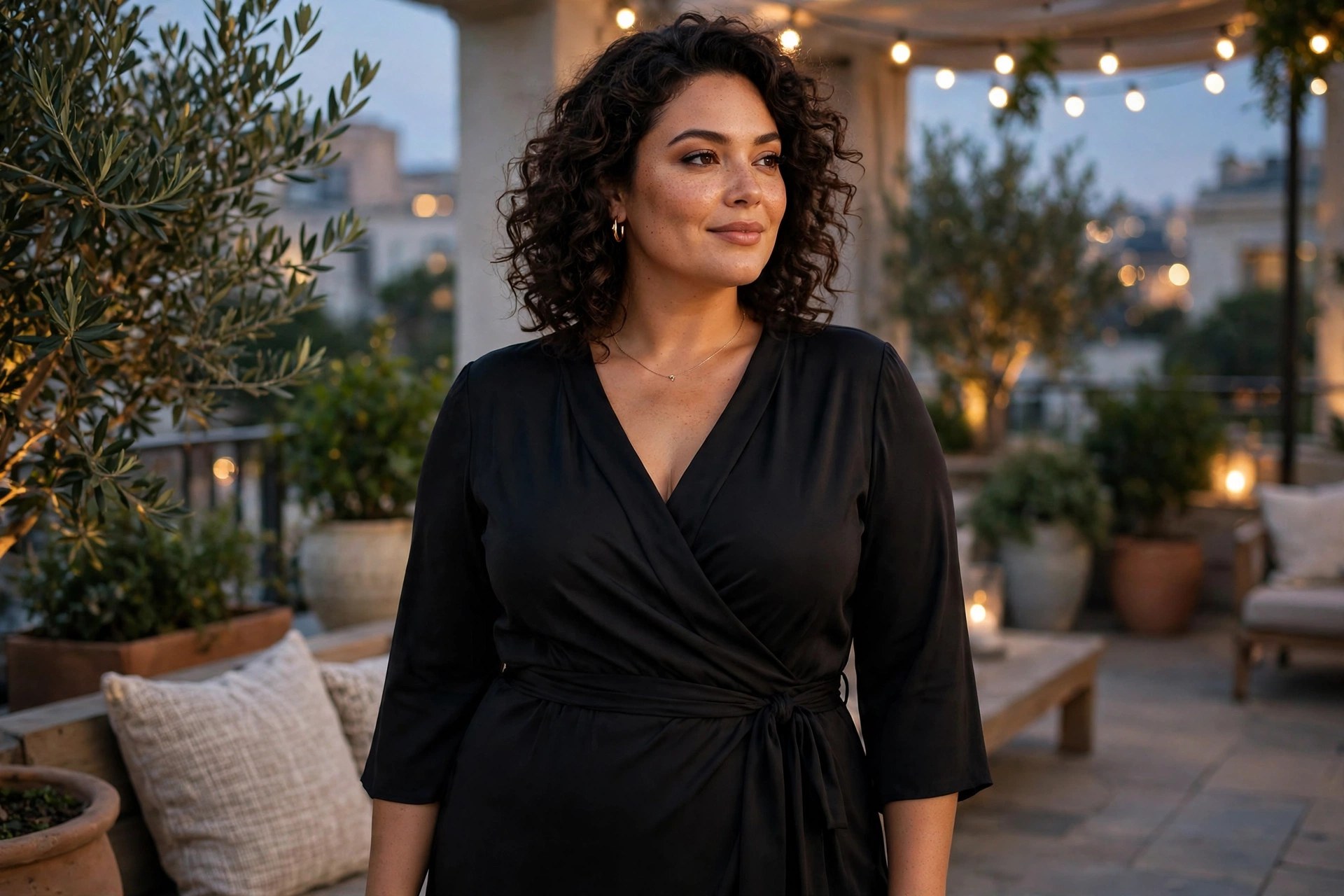 Plus-size model in an elegant black evening wrap dress