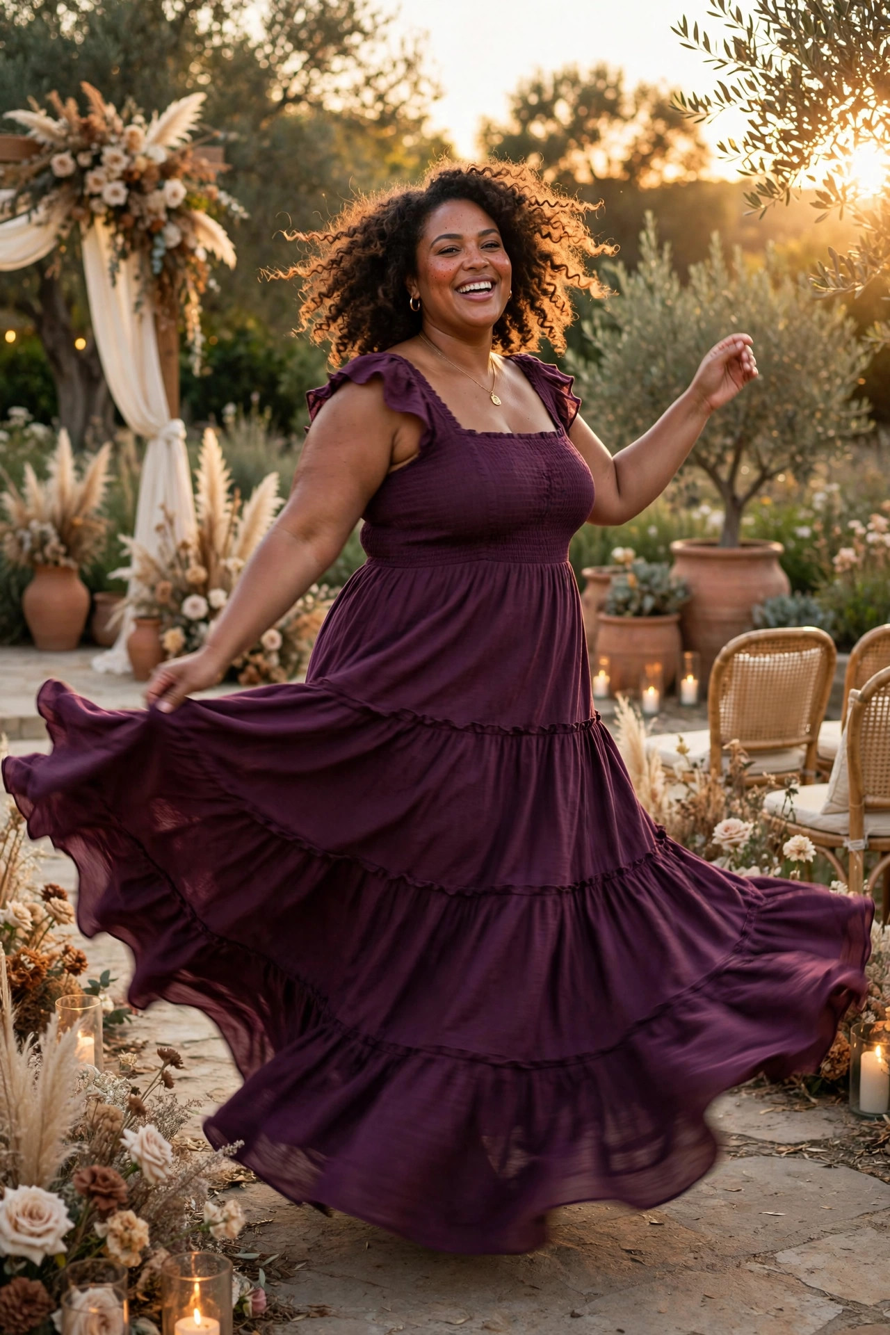 Detail of a floral plus-size midi dress with flutter sleeves, fabric close-up showing the print