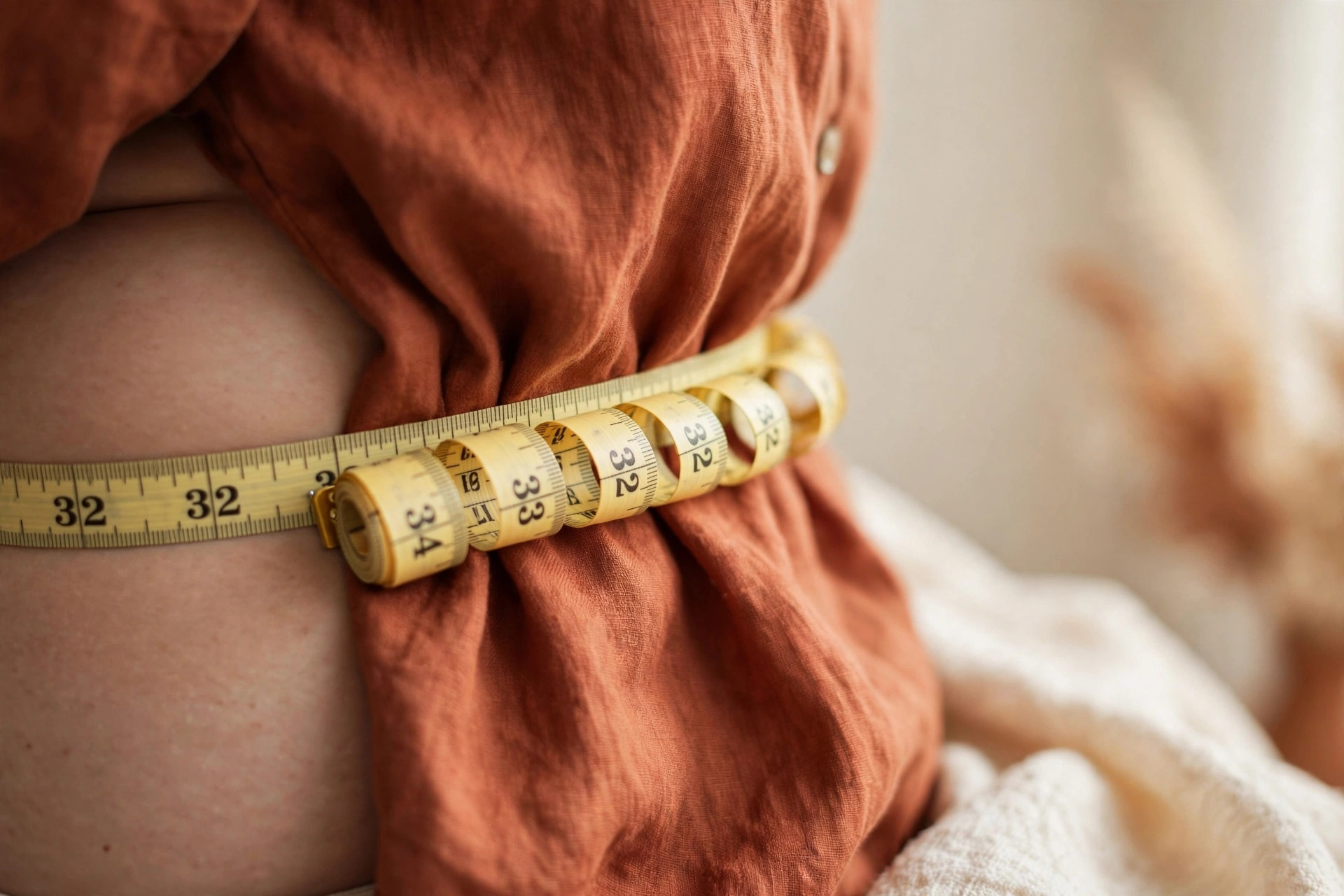 Close-up of a soft measuring tape around a woman's waist over a rust-colored blouse