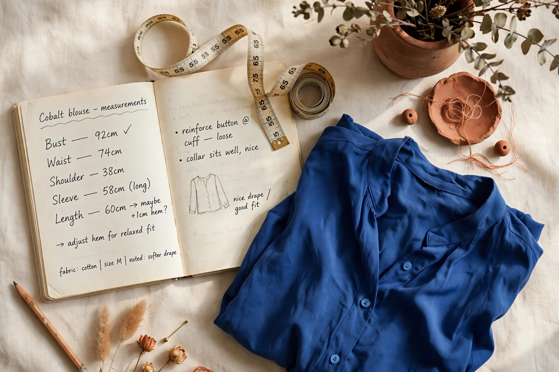 Flat lay of a measuring tape, notebook with written measurements, and a cobalt blue blouse on a cream background